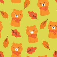 seamless pattern cartoon bear, leaves and autumn vibes element. cute autumn wallpaper for holiday. design for fabric, flat design, gift wrap paper vector