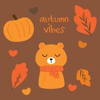 cartoon set of fall autumn vibes sticker set. hand drawing lettering, cute animal sticker, decor element. cute colorful illustration sticker vector