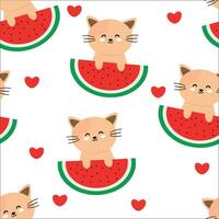Cute cat and watermelon pattern, cartoon seamless background, vector illustration, wallpaper, textile, bag, garment, fashion design