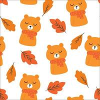 seamless pattern cartoon bear, leaves and autumn vibes element. cute autumn wallpaper for holiday. design for fabric, flat design, gift wrap paper vector