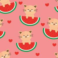 Cute cat and watermelon pattern, cartoon seamless background, vector illustration, wallpaper, textile, bag, garment, fashion design