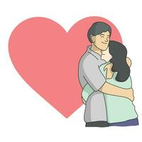 romantic couple hugging each other on red heart copy space illustration vector hand drawn isolated on white background