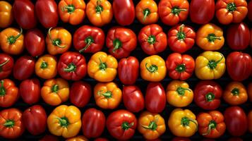 A pile of red and yellow bell peppers on a wooden cutting board. The peppers are arranged in a way that makes the image visually appealing. photo