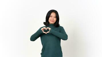 Showing Love Hand Sign Of Beautiful Asian Woman Isolated On White Background photo