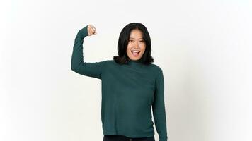demostración fuerza brazos mujer es igual concepto de hermosa asiático mujer aislado en blanco antecedentes foto