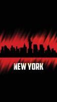 New York vector cities silhouette, red and black diagonal halftone background