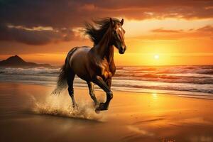 dinámica imagen de un caballo Galopando a través de un arenoso playa en contra un maravilloso puesta de sol ai generativo foto