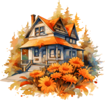 Watercolor House, Fall Autumn Clipart Illustration, Created With Generative AI Technology png