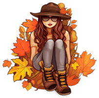 Fall Autumn Sticker with Cute Girl cartoon Illustration, Created With Generative AI Technology png