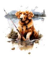 Fishing Dog Png File White Background. Use for T-shirts, mugs, stickers, Cards, etc.