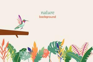 Tropical vector background with colorful leaves and a bird. Abstract foliage and botanical background.