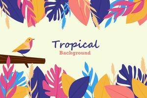 Tropical vector background with colorful leaves and a bird. Abstract foliage and botanical background.