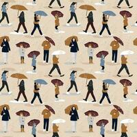 Vector illustration of people in the rain. Autumn mood. Trendy retro style on beige. Seamless fall pattern.