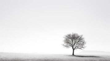 Embodying solitude - Monochromatic image of a lone tree casting shadows against a stark white background AI Generative photo