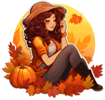 Fall Autumn Sticker with Cute Girl cartoon Illustration, Created With Generative AI Technology png