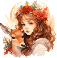 Watercolor Girl With Deer, Merry Christmas Clipart Illustration, Created With Generative AI Technology png