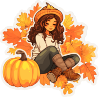 Fall Autumn Sticker with Cute Girl cartoon Illustration, Created With Generative AI Technology png