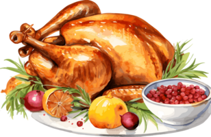 Watercolor Roast chicken, Thanksgiving Day Clipart Illustration, Created With Generative AI Technology png