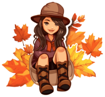 Fall Autumn Sticker with Cute Girlcartoon Illustration, Created With Generative AI Technology png