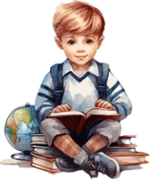 Watercolor Boy Reading, Back To School Clipart Illustration, Created With Generative AI Technology png