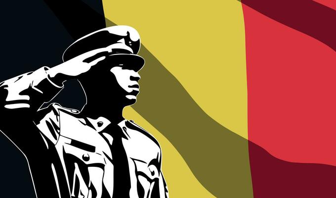 Silhouette of soldier with Belgium flag on background.
