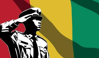 Silhouette of soldier with Guinea flag on background. vector