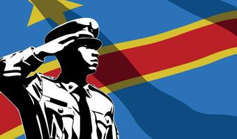 Silhouette of soldier with DR Congo flag on background. vector