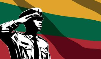 Silhouette of soldier with Lithuania flag on background. vector