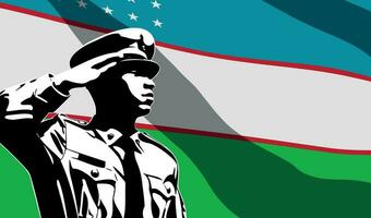 Silhouette of soldier with Uzbekistan flag on background vector