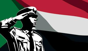 Silhouette of soldier with Sudan flag on background. vector