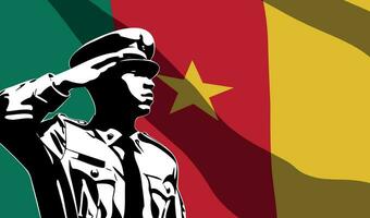 Silhouette of soldier with Cameroon flag on background. vector