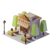 Bakery isometric building with two tables in front and trees and street lights png