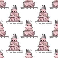 Doodle-style seamless pattern of big cake with candles. Festive concept. Hand drawn color vector outline sketch.