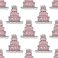 Doodle-style seamless pattern of big cake with candles. Festive concept. Hand drawn color vector outline sketch.