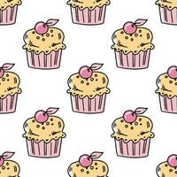 Doodle-style seamless pattern of cupcake with a cherry on top. Festive concept. Hand drawn color vector outline sketch.