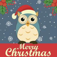 Greeting card Christmas owl. New year bird in Santa Claus hat, with snow. Christmas cartoon character. For postcards, posters, prints. Winter Holiday Celebration Vintage Greeting Card. Vector