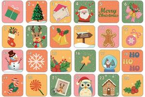 Christmas advent calendar surprise. Countdown retro cartoon style elements. Vector groovy characters. Vintage Christmas Advent Calendar.