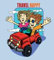 two happy people traveling in red car, cartoon illustration in vector