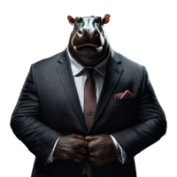 portret van humanoid antropomorf nijlpaard vervelend zakenman pak geïsoleerd transparant generatief ai png