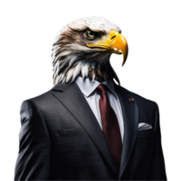 retrato do humanóide antropomórfico Águia vestindo homem de negocios terno isolado transparente generativo ai png