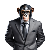 retrato do humanóide antropomórfico chimpanzé vestindo homem de negocios terno isolado transparente generativo ai png