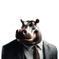 portret van humanoid antropomorf nijlpaard vervelend zakenman pak geïsoleerd transparant generatief ai png