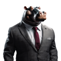retrato do humanóide antropomórfico hipopótamo vestindo homem de negocios terno isolado transparente generativo ai png