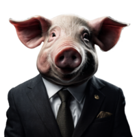 Portrait of Humanoid Anthropomorphic Pig Wearing Businessman Suit Isolated Transparent Generative AI png