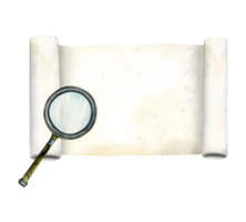 Magnifying glass and paper scroll for detective and researches designs watercolor illustration. Hand drawn magnifier clipart png