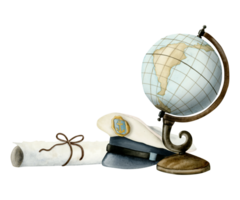 Watercolor globe, captains hat and paper scroll hand drawn illustration for sailing, travelling, adventures designs png