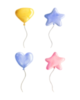 Blau Rosa Gelb Luft Luftballons Aquarell Illustration Satz. Hand gezeichnet Clip Art zum Gruß Karten, Einladungen oder Party Feier. glücklich Geburtstag im Pastell- Farben. png