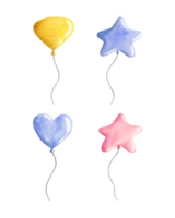 bleu rose Jaune air des ballons aquarelle illustration ensemble. main tiré clipart pour salutation cartes, invitations ou fête fête. content anniversaire dans pastel couleurs. png