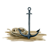 Watercolor anchor and coil of rope illustration for nautical stickers, party decorations, travel and vacation designs png