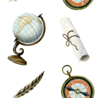 Globe, compass, paper scroll and feather pen watercolor seamless pattern for adventure sailing and geography designs png
